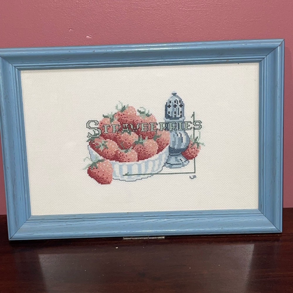 Strawberries Cross Stitch Framed Hand Made Artwork 20x14 inches
